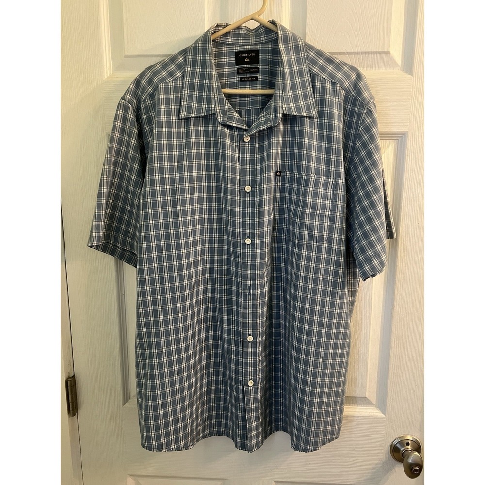 Quiksilver Check Shirt Men XL Blue White Short Sleeve Casual Surf Style Button